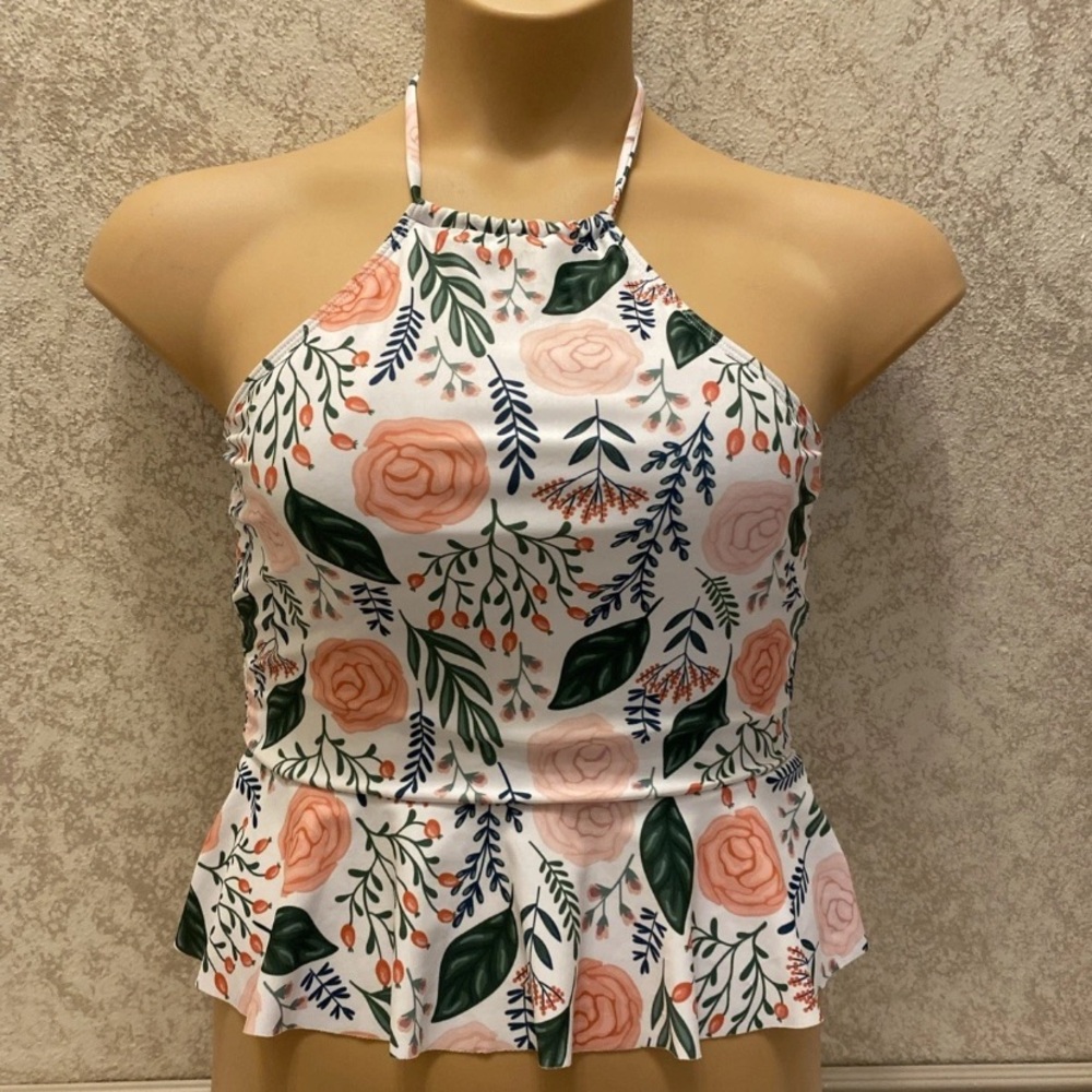 SHEIN Floral Halter Bikini Top in Pink and Green
